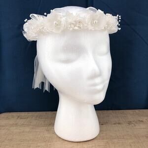 Handmade American VINTAGE 90's White Floral Faux Pearl Wire Wrap Ribbon Halo P